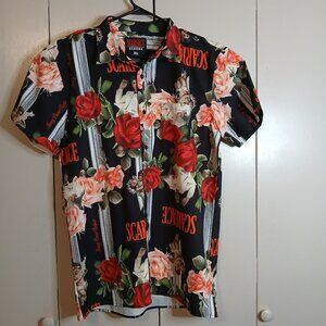 Reason Scarface Men's XL Short Sleeve Shirt Black Print Cherub Floral (0308A4)